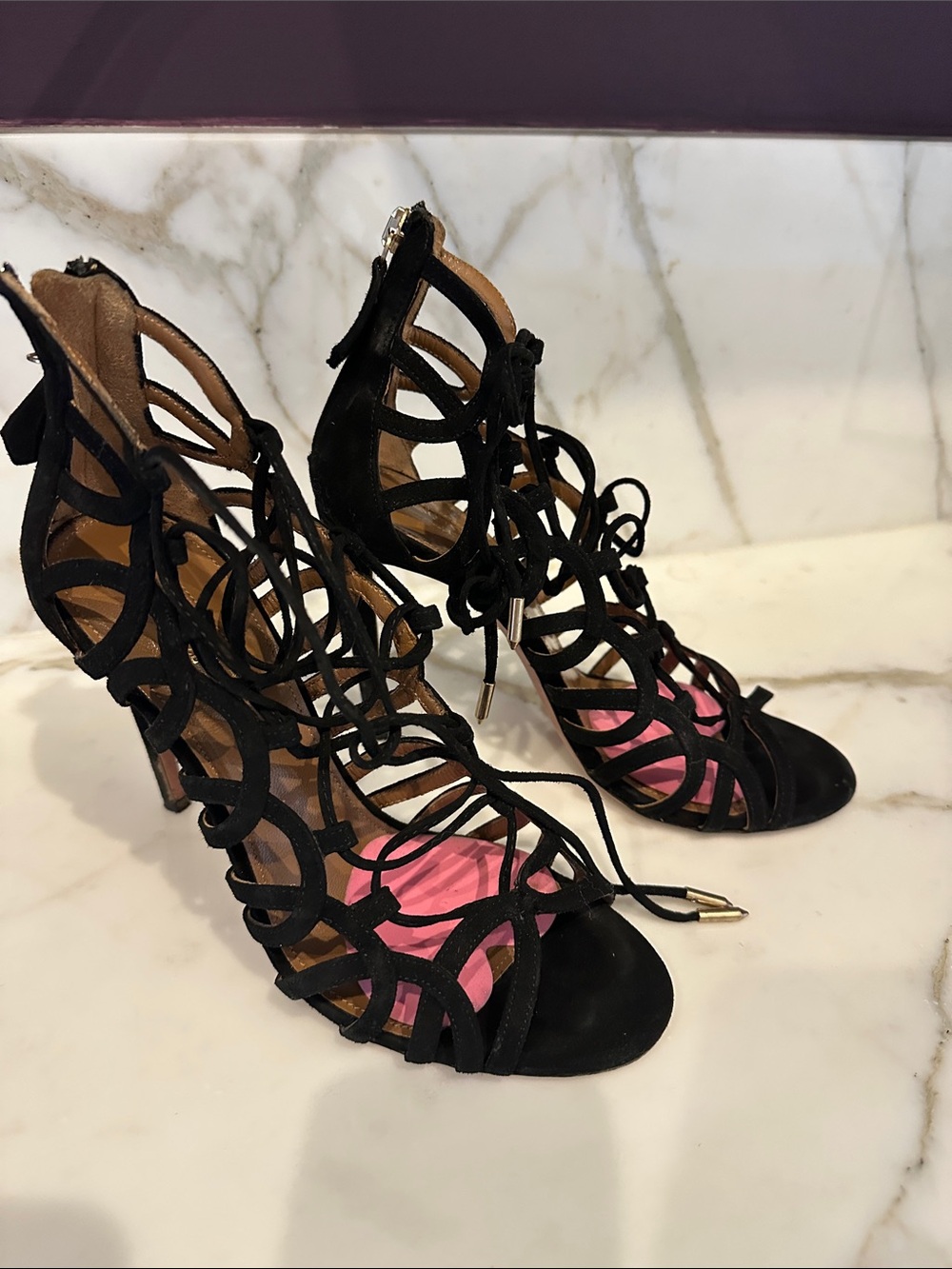 Aquazzura Black Suede Lace-Up Cutout High Heel Sandals with Pink Insole